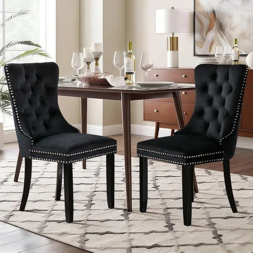 Vista 126 de Juego de 2 sillas de comedor de terciopelo con patas de madera, color beige Mid Century Modern Dining Chairs,Upholstered Chairs with Nailhead