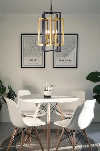Vista 2 de TOCHIC Candelabro de metal negro y dorado, 4 luces geométricas de jaula para pasillo, entrada, sala de estar, cocina, isla, vestíbulo, bar