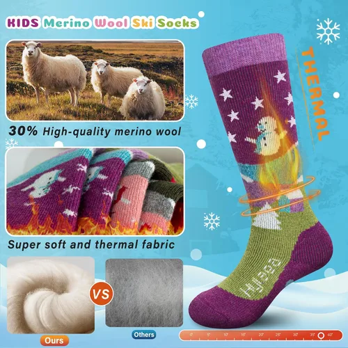 Vista 2 de Hylaea Calcetines de esquí de lana merino para niños, calcetines térmicos cálidos hasta la rodilla para patinaje de snowboard para niños y niñas
