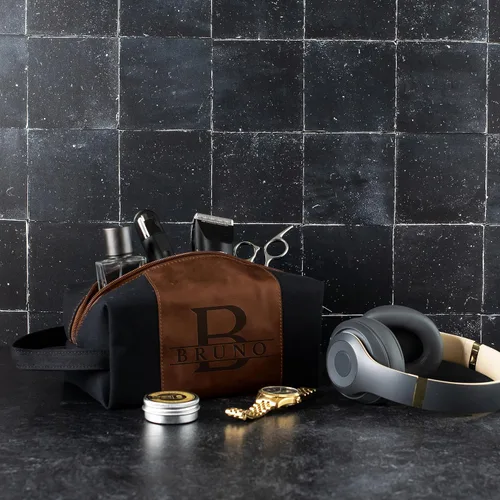 Vista 3 de Neceser para hombre personalizado, grabado con láser inicial y nombre en cuero, 4 colores de lienzo personalizados - Regalo para esposo, papá