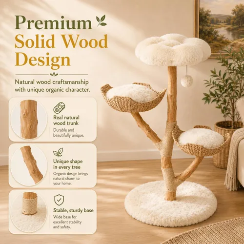 Vista 3 de Erinnyees Árbol para gatos de madera natural de 44.5 pulgadas con 2 camas