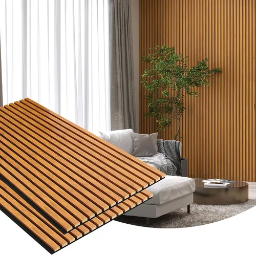 Vista 9 de Paquete de 2 Paneles de Pared de Acento con Acabado de Madera, Paneles Acústicos de Listones 3D para Estudio de Grabación, Oficina, Decoración Roble