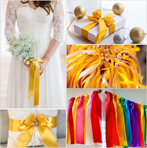 Vista 4 de Cinta de satén amarillo de color sólido, 3/8 pulgadas x 25 yardas, cinta de satén de tela para envolver regalos, manualidades, fabricación de lazos