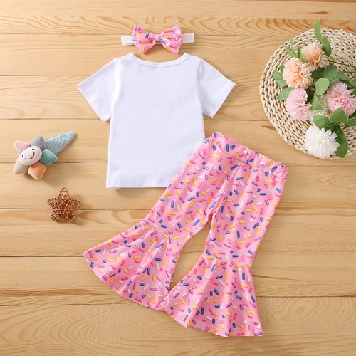 Vista 3 de Conjunto de ropa de cumpleaños para bebé niña pequeña, camiseta de manga larga, pantalones de campana, diadema