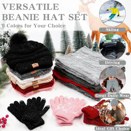 Vista 6 de Winter Beanie Hat Scarf Gloves Set, Soft Fleece Knit Hat Warm Touchscreen Gloves Neck Warmer Thick Scarves Gifts for Women
