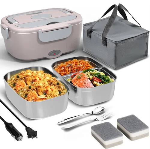 Vista 13 de Sitlais Lonchera eléctrica para adultos, calentador de alimentos portátil de calentamiento rápido con 2 recipientes de acero inoxidable 304 de 53