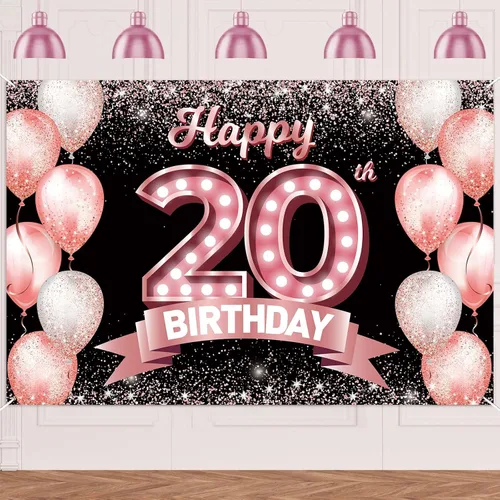 Vista 167 de Cartel de feliz cumpleaños décimo oro rosa, telón de fondo, saludos a 10 años, globos de confeti, decoración temática para niñas de 10 años