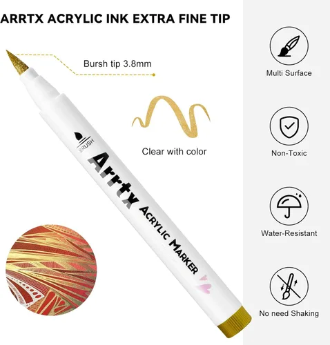 Vista 2 de Arrtx Marcadores de pintura acrílica, paquete de 10 puntas extra de cepillo blanco metálico para roca, tela, madera, vidrio, lienzo, cerámica, 4