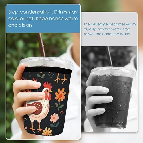 Vista 5 de Cute Rooster Chickens Reusable Insulated Neoprene Iced Coffee Cup Sleeves 3 Sizes Diving Material Cup Durable Beverage Covers for Cold Coffee Tea