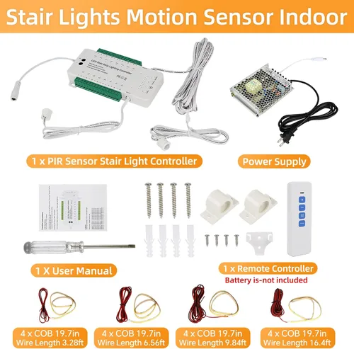 Vista 8 de Luces LED para escalones debajo de la escalera, sensor de movimiento, kit de iluminación de escalera en cascada activada con tira LED COB cortable