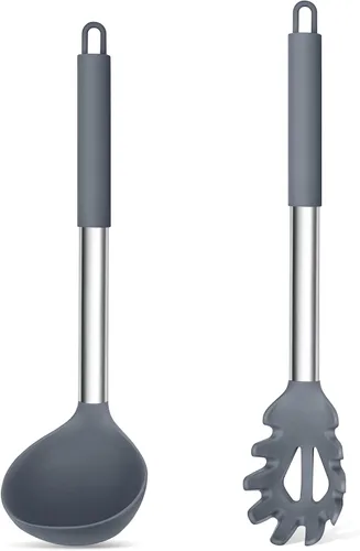 Vista 9 de TeamFar Juego de 2 cucharones de sopa y pasta de silicona con mango de acero inoxidable, color negro