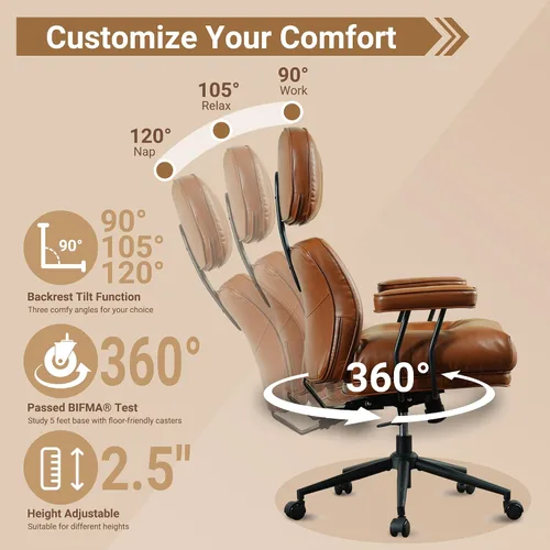 Vista 6 de Silla ergonómica de oficina giratoria de piel sintética para oficina en Marrón