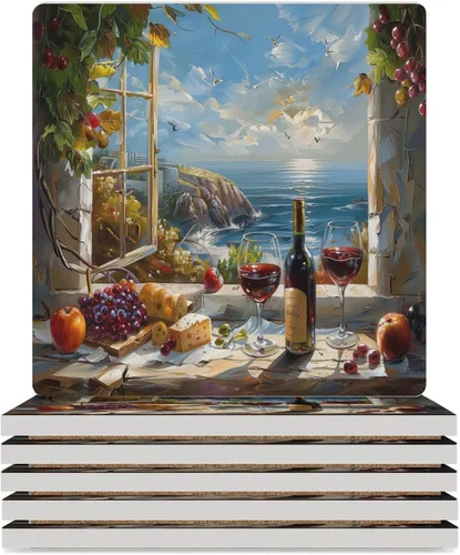 Vista 18 de 4 posavasos de vino tinto, cuadrados y modernos posavasos absorbentes de cerámica, estilo de pintura al óleo, vintage, vino tinto, uvas, rosa