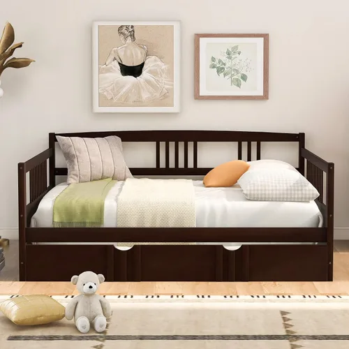 Vista 13 de P PURLOVE Sofá cama individual de madera con rieles, cama individual, listones de madera que soportan la vida moderna, individual, espresso