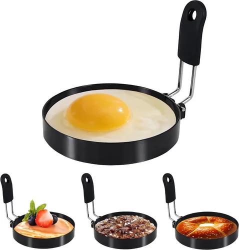 Vista 10 de Anillos de huevo para freír huevos, 3.5 pulgadas de acero inoxidable, para panqueques ingleses, magdalenas, con mango de silicona