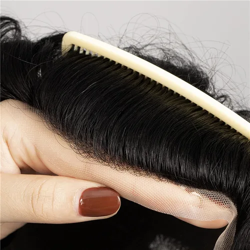 Vista 2 de Amiable Toupee para hombres, cabello humano, encaje francés, sistemas de reemplazo de cabello para hombre, suave blanqueado, frontal, aspecto #1