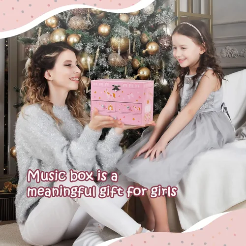 Vista 7 de efubaby Joyero musical mejorado para niñas con 3 cajones extraíbles, juego de joyas de bailarina giratoria y unicornio, joyeros para niños y niñas