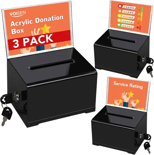 Vista 11 de VOISEN Caja de donación de acrílico con cerradura, frasco con punta negra y soporte para letrero, caja de sugerencias para recaudación de fondos