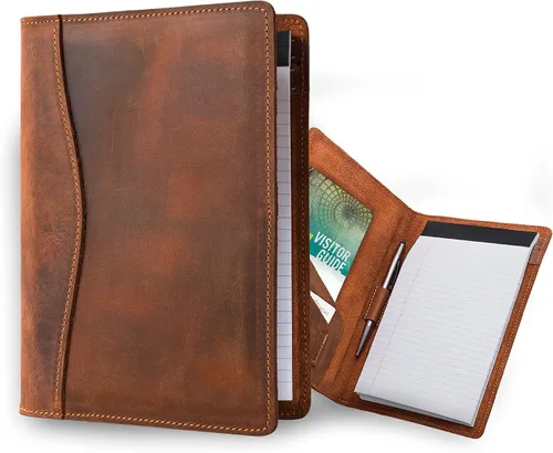 Vista 13 de PEGAI Padfolio de cuero 100% hecho a mano, organizador de bloc de notas jurídicas para negocios, escuela, oficina, conferencias, resistente, piel