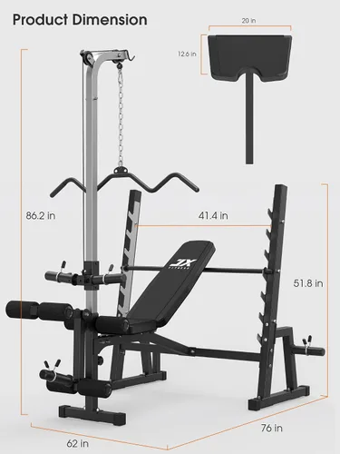 Vista 6 de JX FITNESS Banco de pesas olímpico con sistema de polea desplegable LAT y almohadilla de rizo de predicador, prensa de banco de entrenamiento
