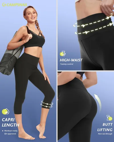Vista 3 de Paquete de 4 leggings capri para mujer, pantalones capri de cintura alta, control de abdomen, pantalones de yoga con bolsillos, mallas de ciclismo
