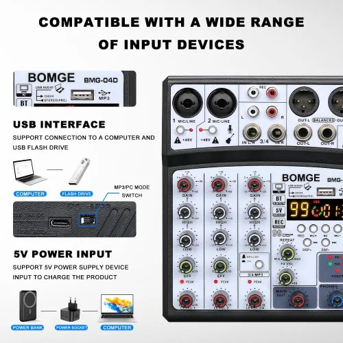 Vista 4 de BOMGE 04D portátil bluetooth 4 canales DJ mezclador de sonido de audio consola de mezcla con interfaz USB, entrada de alimentación fantasma de 48 V