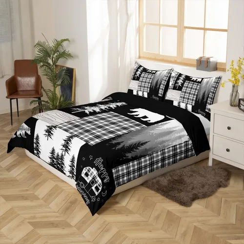 Vista 5 de Funda de edredón de oso de caza, tamaño individual, juego de ropa de cama rústica de animales del bosque para niños y niñas, funda de edredón a Oso