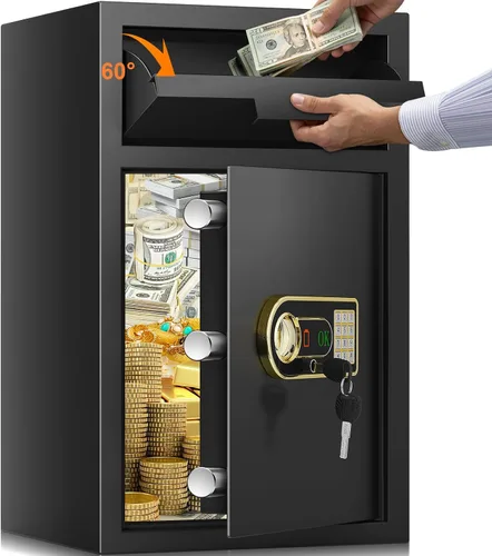 Vista 11 de Caja fuerte de 2.8 pulgadas cúbicas para negocios, con ranura antirrobo para dinero con cerradura de combinación digital y llaves de repuesto, caja