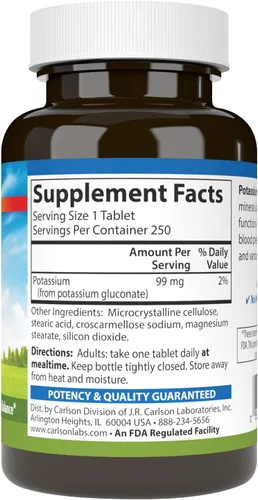 Vista 2 de Carlson Potasio, 99 mg, Salud nerviosa, Función muscular, 250 tabletas