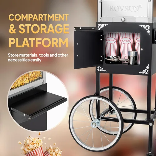 Vista 3 de Máquina de palomitas de maíz ROVSUN con carrito, ruedas y hervidor de 8 onzas, hace hasta 32 tazas, máquina de palomitas con cuchara para palomitas