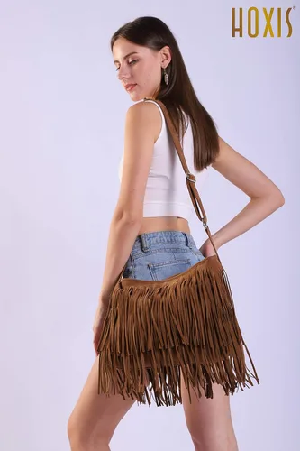 Vista 2 de HOXIS Bolso bandolera de cuero sintético con borla para mujer, Gris