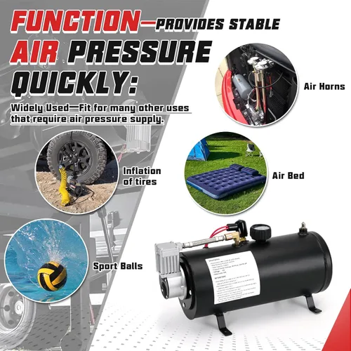 Vista 5 de PTNHZ Bomba de Tanque de Compresor de Aire DC 12V MAX 150PSI con Tanque de 3 Litros 0.8 Galones Para Tren, Camión, Barco, Camioneta, Autocaravana.