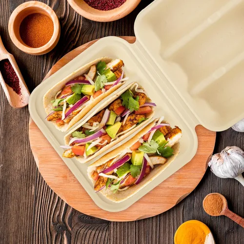 Vista 6 de JMIATRY 50 soportes desechables para tacos con tapas, platos desechables para tacos con 3 compartimentos, divisores de fibra de pulpa, desechables