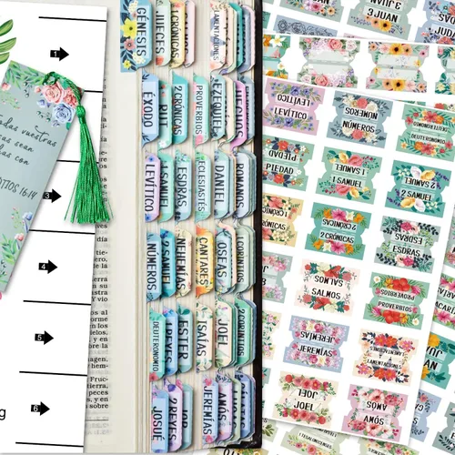Vista 14 de Pestañas de índice de la Biblia católica española, pestañas del Nuevo y Antiguo Testamento, diseño floral laminado mate, suministros de diario