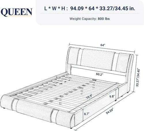 Vista 2 de Allewie Base de cama Queen con plataforma con decoración de piezas de hierro, base tapizada con piel sintética, cabecera ajustable y listones