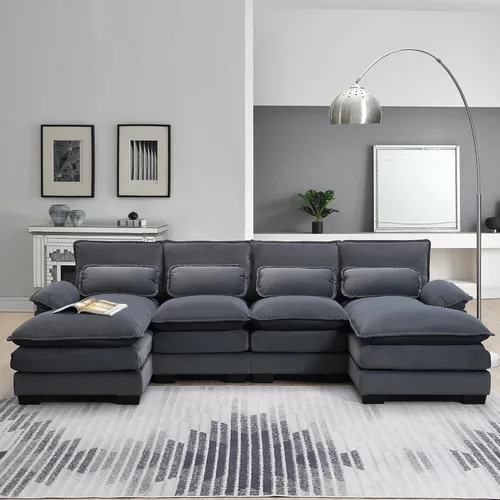 Vista 10 de Moderno sofá cama extraíble de lino con reposacabezas ajustable y carga inalámbrica, sofá esquinero en forma de L de 96 pulgadas, sofá modular