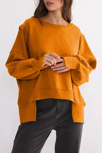 Vista 4 de Sudadera holgada de manga larga con cuello redondo y abertura lateral para mujer