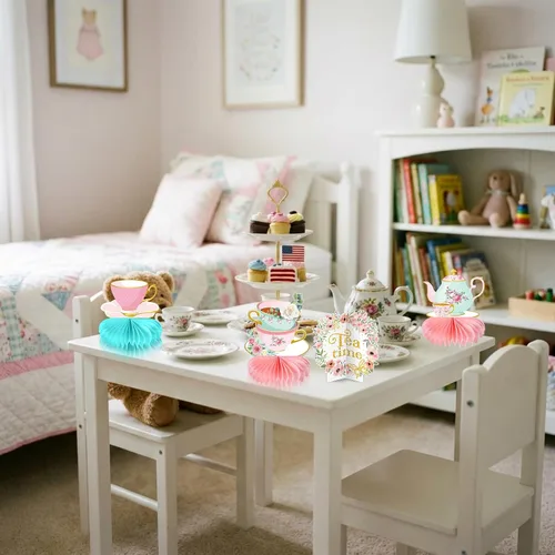 Vista 6 de 12 piezas de decoración de fiesta de té, tetera floral, centros de mesa de panal de abeja, decoración de mesa de fiesta de té para princesa