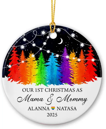 Vista 13 de All for Love - Adorno de cerámica LGBT arcoíris para Navidad 2025, adorno de Navidad personalizado para parejas, orgullo gay/lesbiano, adorno