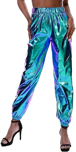 Vista 3 de Kaipiclos Pantalones deportivos reflectantes para mujer, metálicos, brillantes, estilo hip hop, harem, leggings holográficos (azul, 2XL), Azul