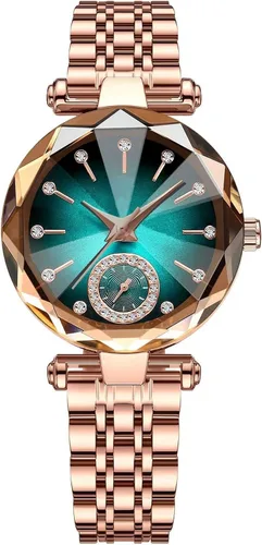 Vista 2 de Relojes de mujer con pulsera oro rosa para dama elegante correa de acero inoxidable moda analógico creativo diamante dial reloj de pulsera
