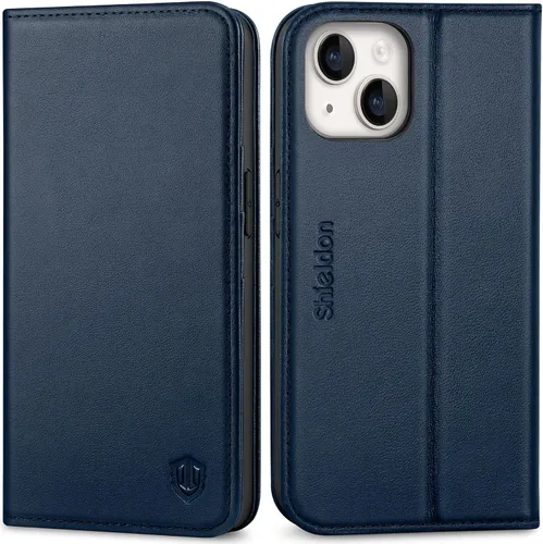 Vista 11 de SHIELDON Funda para iPhone 14 de 6.1", Funda tipo cartera de cuero genuino [Cierre magnético] [Ranuras para tarjetas con bloqueo RFID] [Soporte]