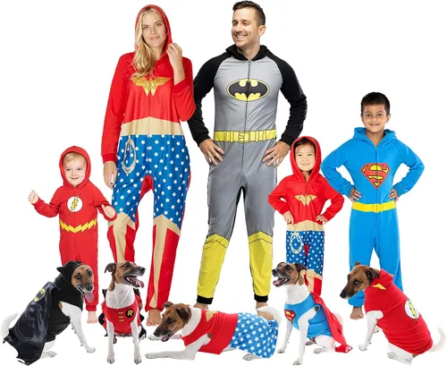 Vista 4 de DC Comics Liga de la Justicia Superhéroe Pijamas Familiares a Juego Union Suit Para Hombres, Mujeres, Niñas, Niños y Mascotas