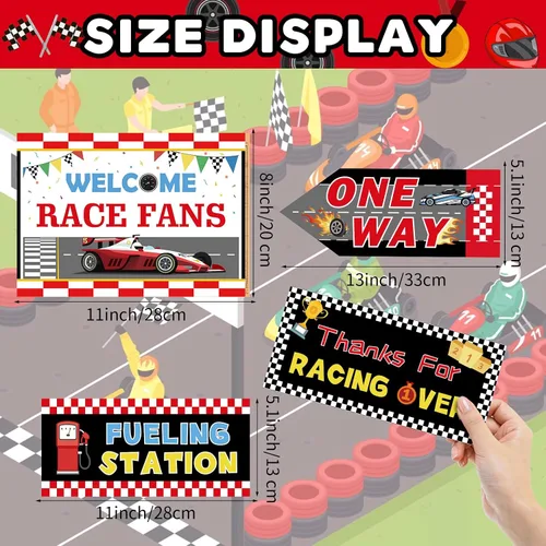 Vista 5 de Hooqict 20 piezas de decoración de fiesta de coche de carreras, letreros direccionales para fiestas de coches de carreras, suministros de fiesta