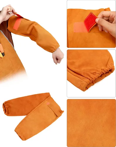 Vista 3 de QWORK Delantal y mangas de soldadura, juego de protectores de trabajo de soldadura, taller de trabajo de cuero resistente al calor y al fuego, ropa