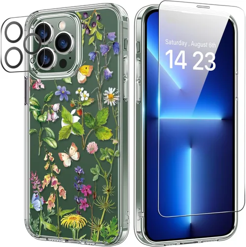 Vista 63 de bicol Funda para iPhone 14 Plus con Protector de Pantalla y Lente de Cámara - Diseños Florales de Moda para Mujeres y Niñas - Funda Transparente