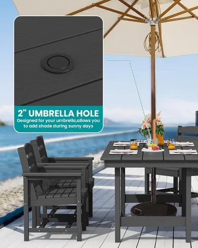 Vista 3 de SERWALL Juego de mesa de comedor de 7 piezas, muebles de comedor de polietileno de alta densidad para exteriores con agujero para paraguas y 6 Negro