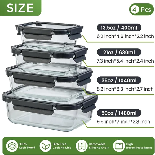 Vista 2 de Contenedores de vidrio para almacenamiento de alimentos con tapas de vidrio, paquete de 4 recipientes de preparación de comidas con tapas Gris