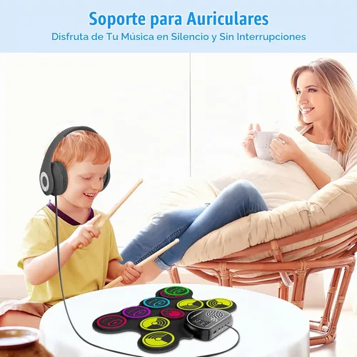 Vista 6 de Miortior Juego de batería electrónica, 10 almohadillas enrollables, almohadilla de práctica con pedales de batería y palos, altavoz integrado