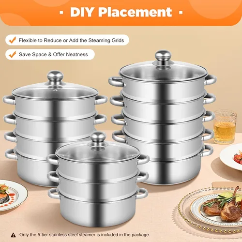 Vista 4 de Vaporizador de acero inoxidable de 5 niveles, olla de vapor apilable de acero inoxidable con tapa de vidrio para cocinar al vapor y cocinar